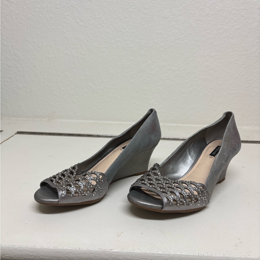 Alex Marie Silver Peep-Toe Wedges